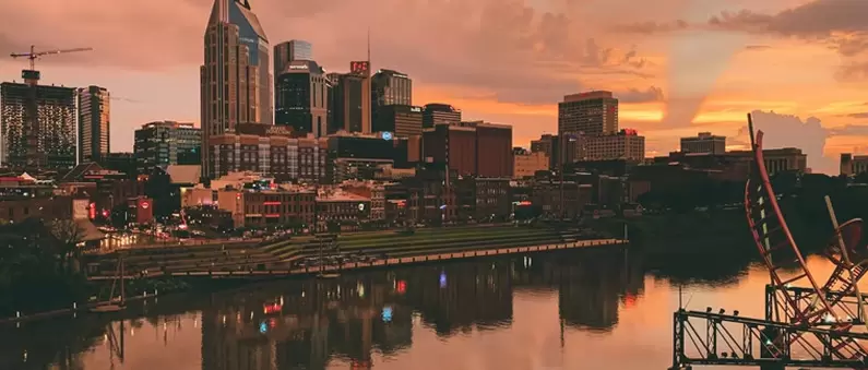 A view of the city skyline across the Cumberland River from Nashville West