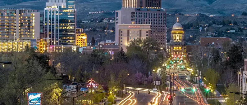 The view of downtown Boise from a Southwest Idaho hotel room