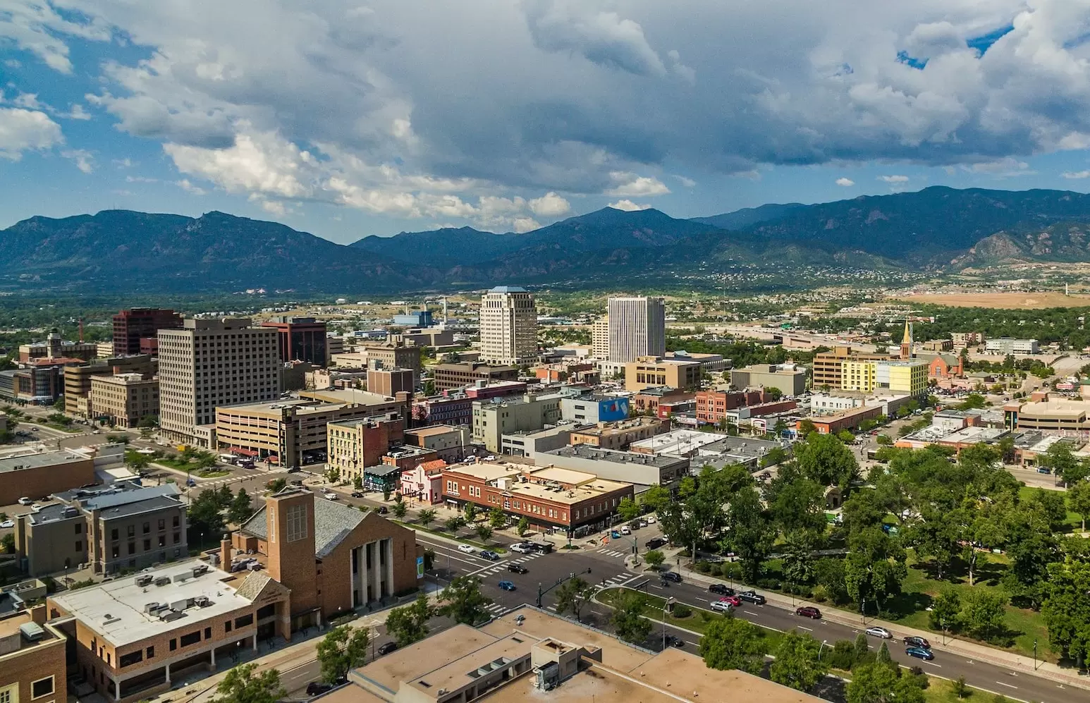An aerial view of downtown Colorado Springs